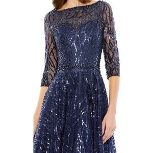MAC DUGGAL Size 20 Navy Embellished High Neck Sleeve Cocktail Dress Plus A20252